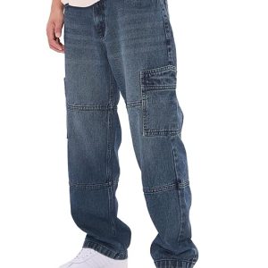 The Souled Store Denim: Vintage Blue Men and Boys Buttoned Baggy Fit Cargo Jeans