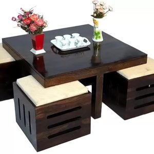 Chetan Interiors Capsule Design Wooden Coffee Table with 4 Stools for Living Room | Sheesham Solid Wood Coffee Table with Cushioned Stools (Solid Sheesham Wood, Walnut Finish)