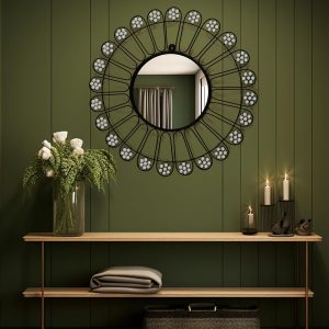 HOSLEY Decorative Modern Designer Round Wall Mirror| Metal Beaded Frame Wall Hanging Mirror| Iron Wall Mounted Mirror Perfect for Living Room Bathroom Bedroom Hall Wall Decor |Black (Set of 1)